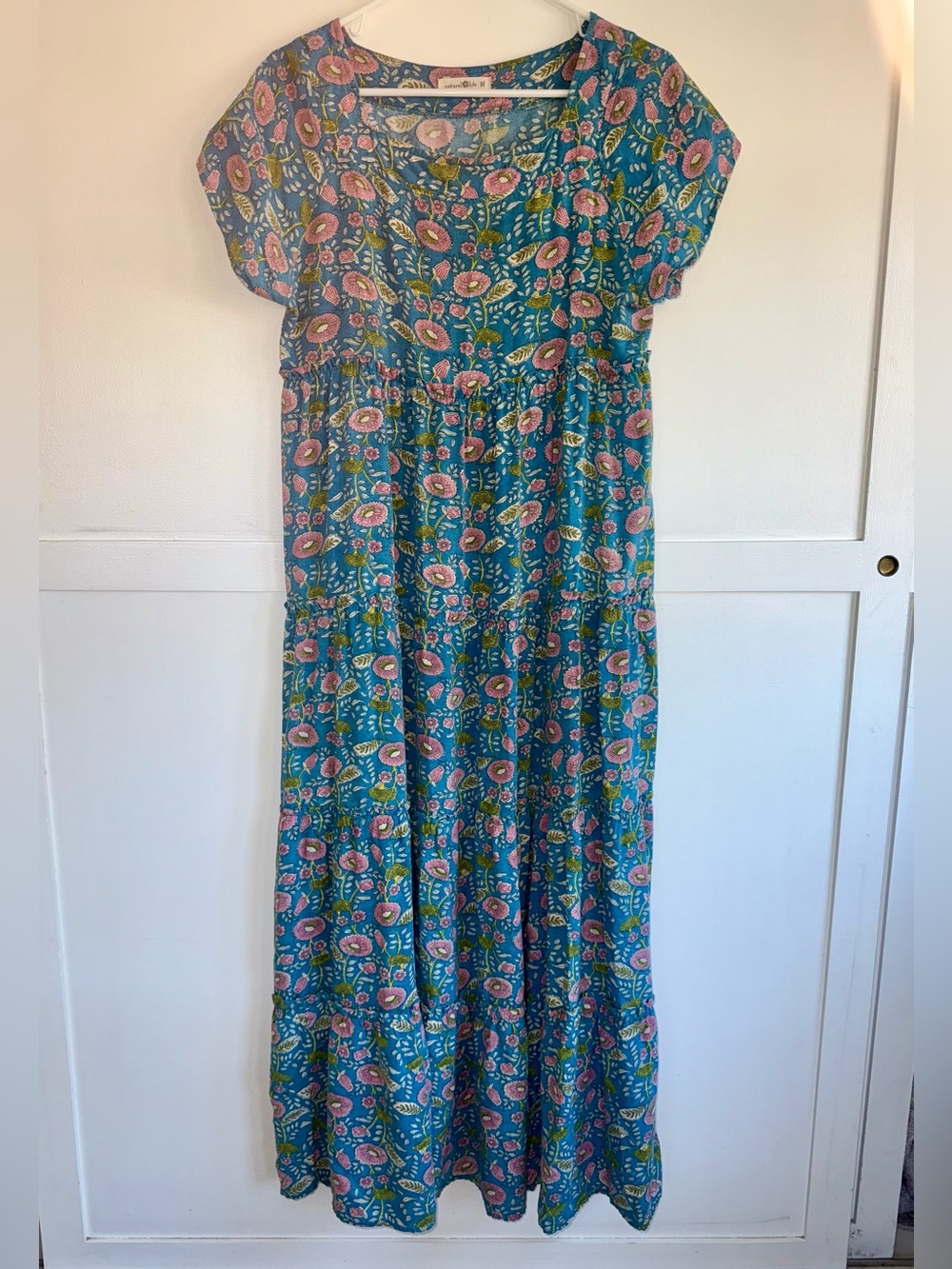 Natural Life Cottagecore Boho Floral Tiered Maxi Dress Short Sleeve Medium